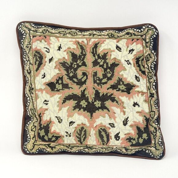 Vintage Needlepoint Pillow Peach Brown Green Leaf Design 13” x 14” - Picture 1 of 5